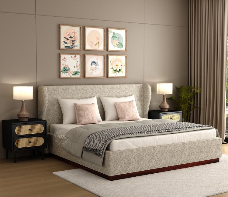 Adhiraj Luxurious Fabric Box Storage Bed with Plush Wingback Headboard (King Size, Pavilion Trellis Stone)