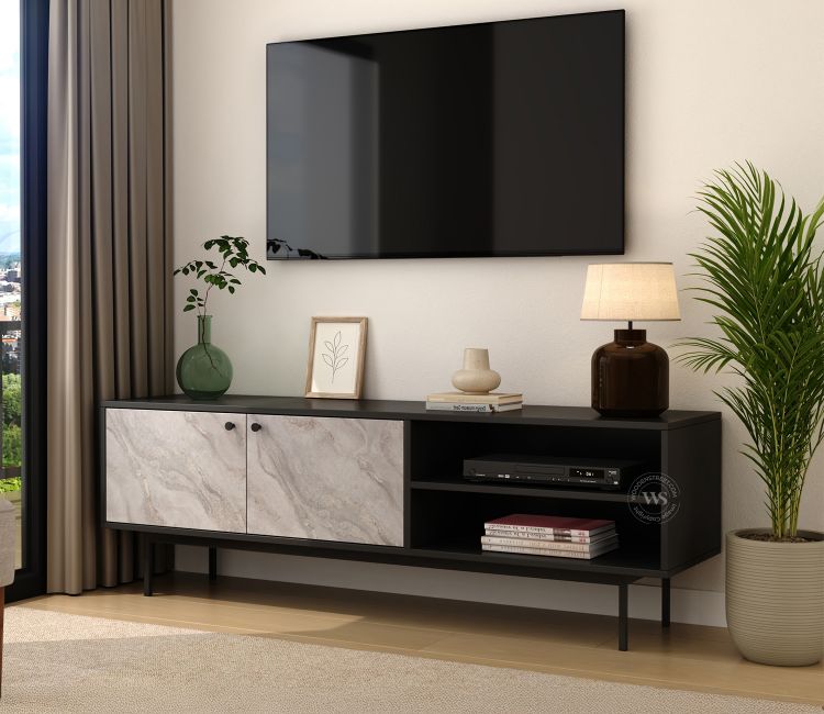 Orbis Modern Black TV Cabinet & Sideboard with Textured Front & Metal Base (Engineered Wood, Marble Pattern)
