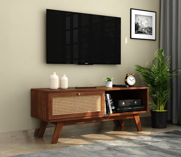 Droid Premium Solid Wood TV Unit With Pull-Down Door Cabinet, Open Shelf & Cane Detailing (Mango Wood, Teak Finish)