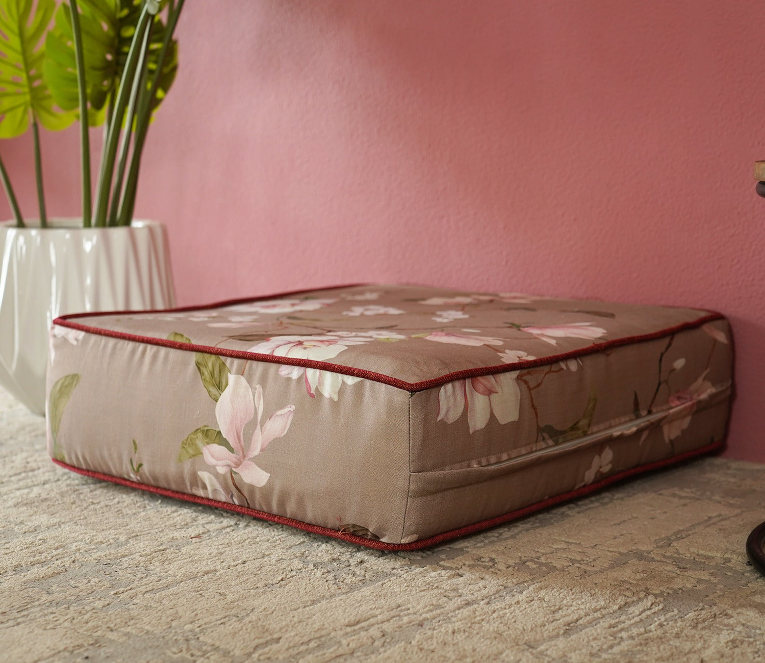 Elara Floor Cushion With Bolster - 24 X 24 Inch (Cotton, Magnolia Beige)