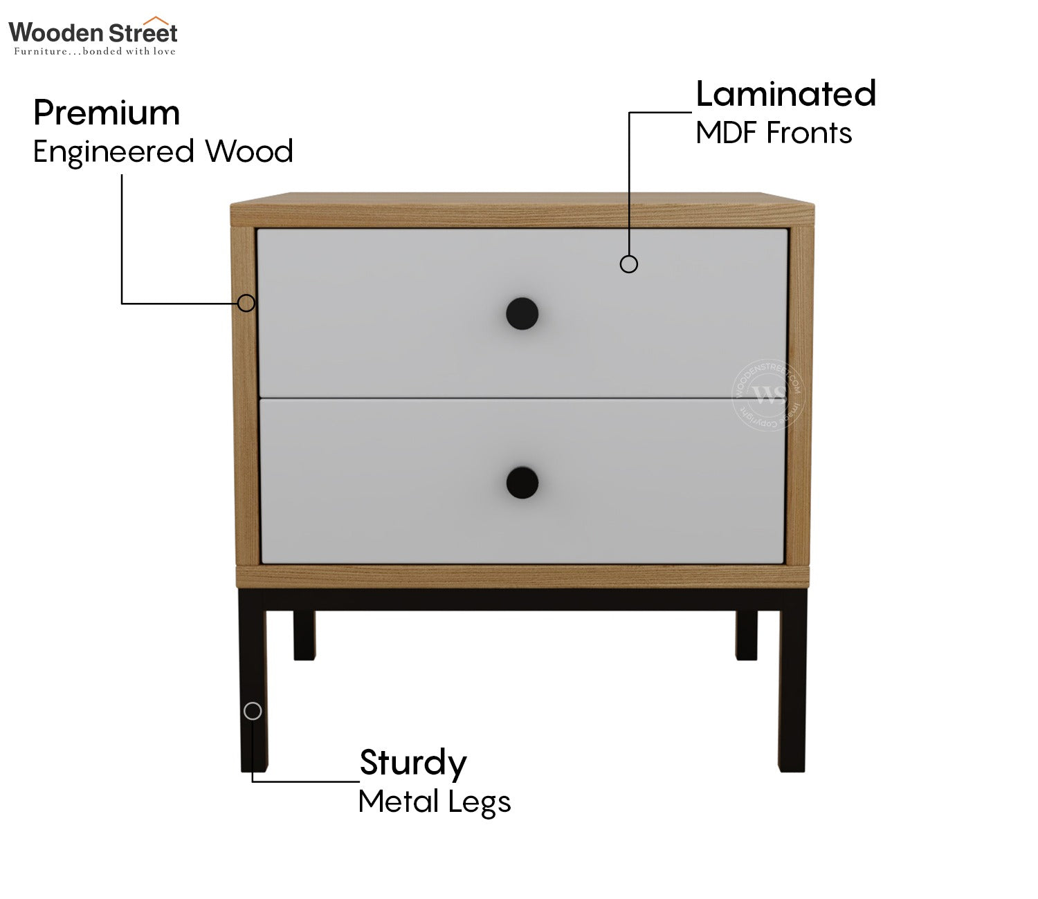 Suven Modern Engineered Wood Bedside Table with MDF Front & Metal Base (Santana Pattern)