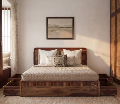 Lotus Premium Sheesham Wood Bed with Drawer Storage (Queen Size, Teak Finish)