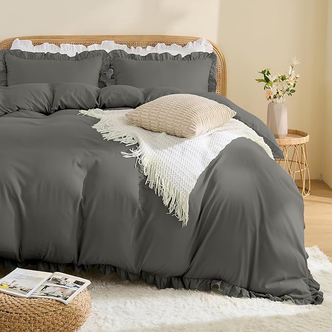 LINENOVA Ruffle Quilt Cover Set Single – Ultra Soft 2000TC Microfibre Duvet Doona Cover with Corner Ties & Button Closure – 2-Piece Bedding Set with Pillowcase - Dark Grey