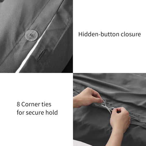 LINENOVA 100% Bamboo Quilt Cover Set Queen Size - Cooling Breathable for Hot Sleepers- Silky Smooth 3pcs Doona Cover Set with Corner Ties & Button Closure - (Charcoal, Queen)