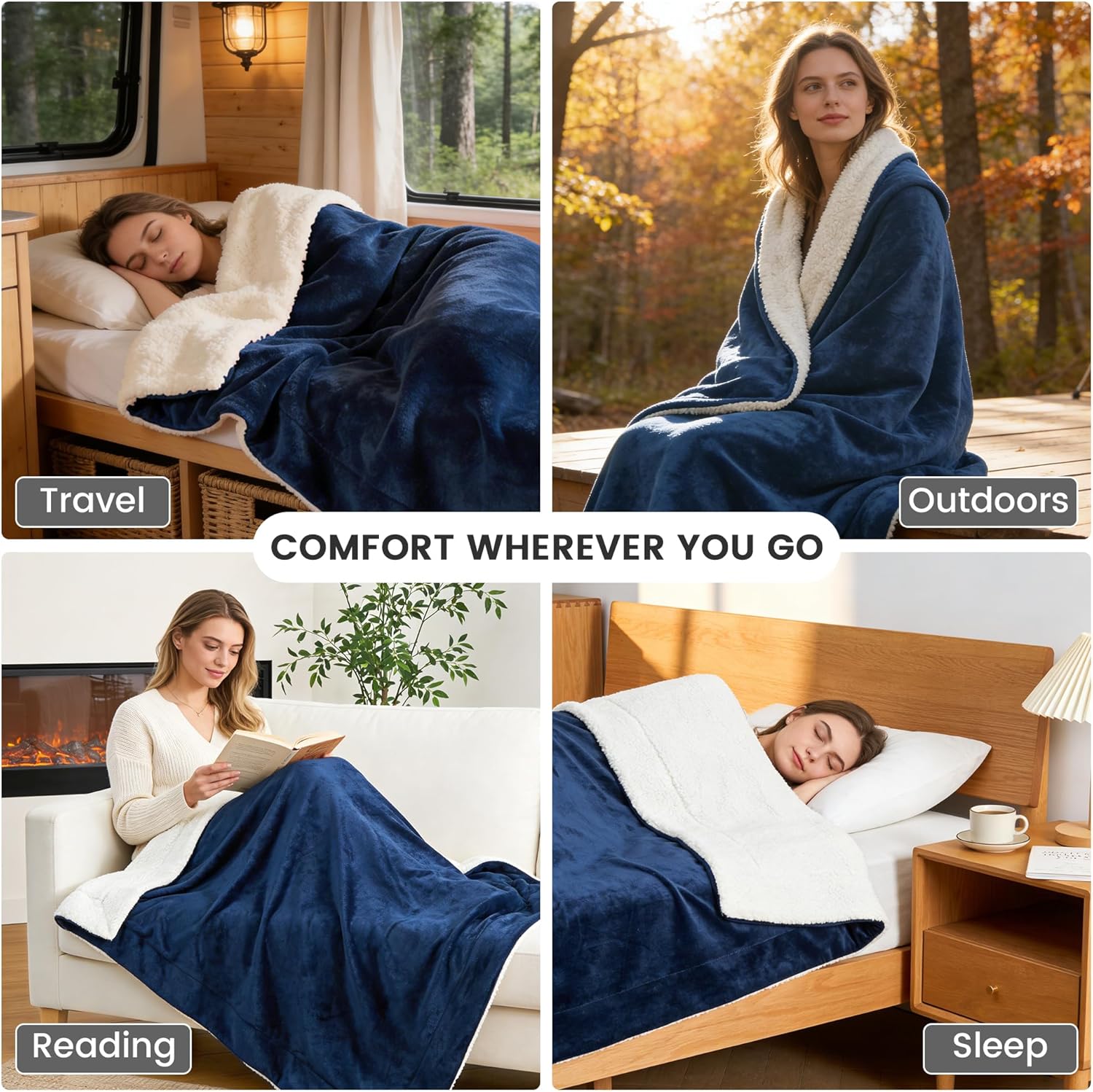 LINENOVA Sherpa Fleece Throw Blanket 127 x 152 cm, Thick & Warm Cozy Blanket for Winter, Soft Fuzzy Plush Throw for Sofa, Bed, Pets - Navy