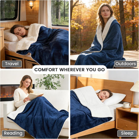 LINENOVA Sherpa Fleece Throw Blanket 127 x 152 cm, Thick & Warm Cozy Blanket for Winter, Soft Fuzzy Plush Throw for Sofa, Bed, Pets - Navy