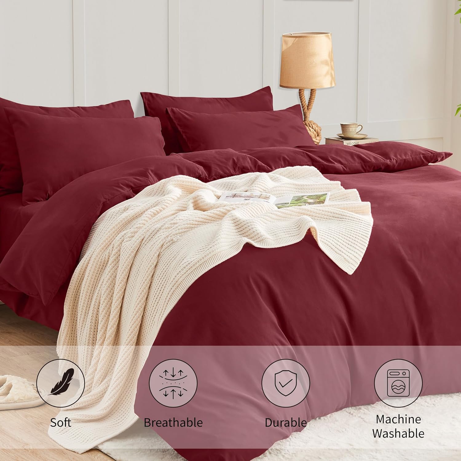 LINENOVA Quilt Cover Set Double Size - Brushed Microfiber 1200TC Super Soft Duvet Cover Set 3 Pieces with Button Closure, 1 Duvet Cover and 2 Pillowcases(Double Size, Burgundy)