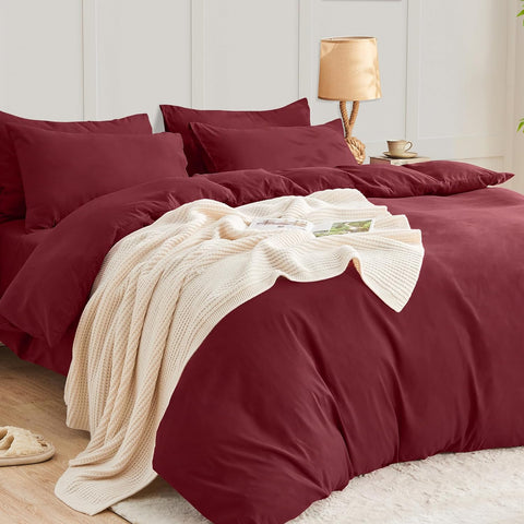 LINENOVA Quilt Cover Set Double Size - Brushed Microfiber 1200TC Super Soft Duvet Cover Set 3 Pieces with Button Closure, 1 Duvet Cover and 2 Pillowcases(Double Size, Burgundy)