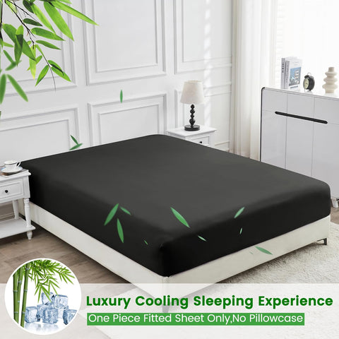 LINENOVA Bamboo Cooling Fitted Sheet Double (1 Piece)- 2000TC Ultra Soft & Breathable, Ideal for Hot Sleepers, 40cm Deep Pocket, All-Season Comfort - Black