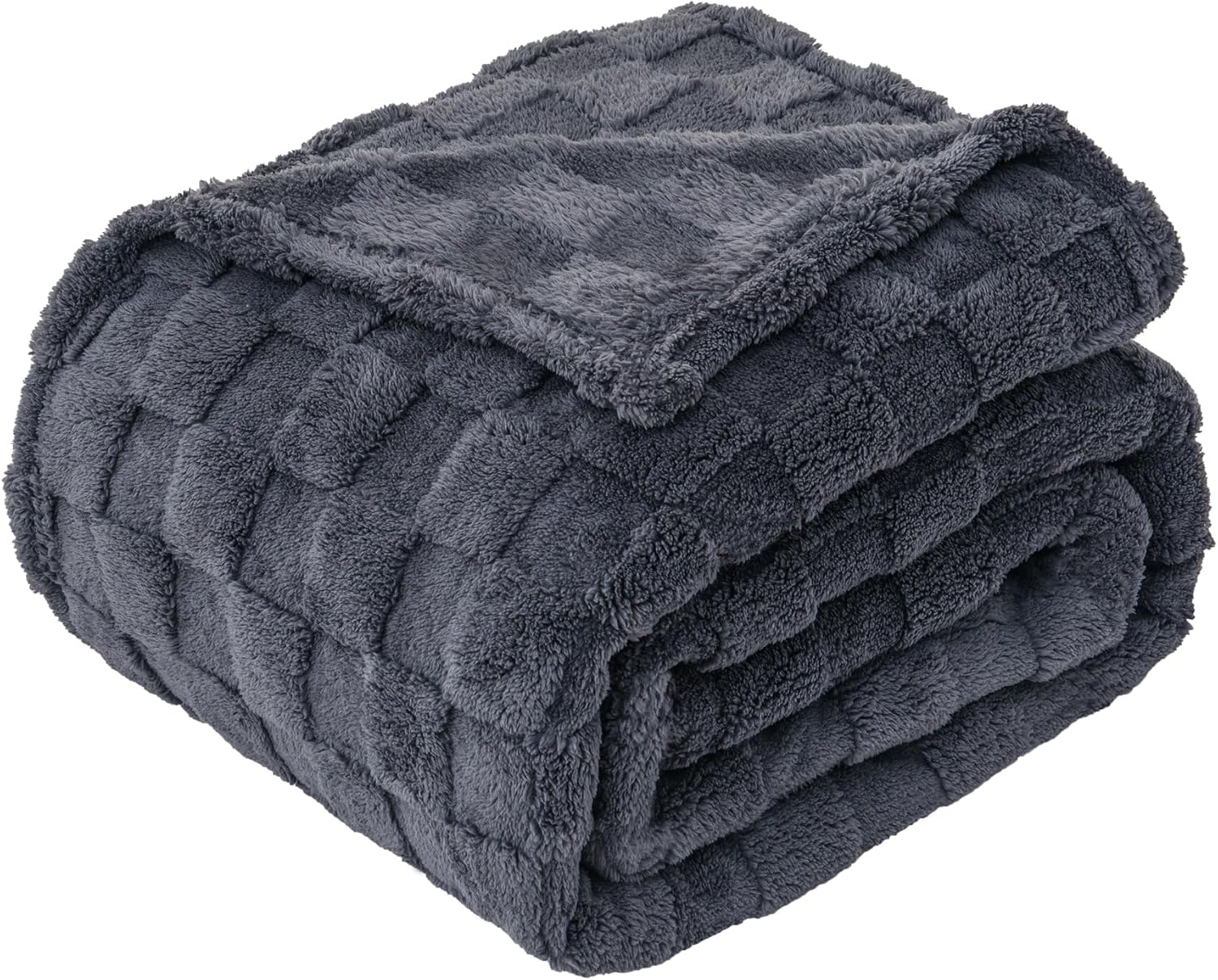 LINENOVA Fleece Throw Blanket Queen Size, 300GSM Checkered Coral Fleece Blanket for Couch or Bed, Soft Lightweight Warm Blankets for All Seasons, Charcoal, 220 x 240 cm