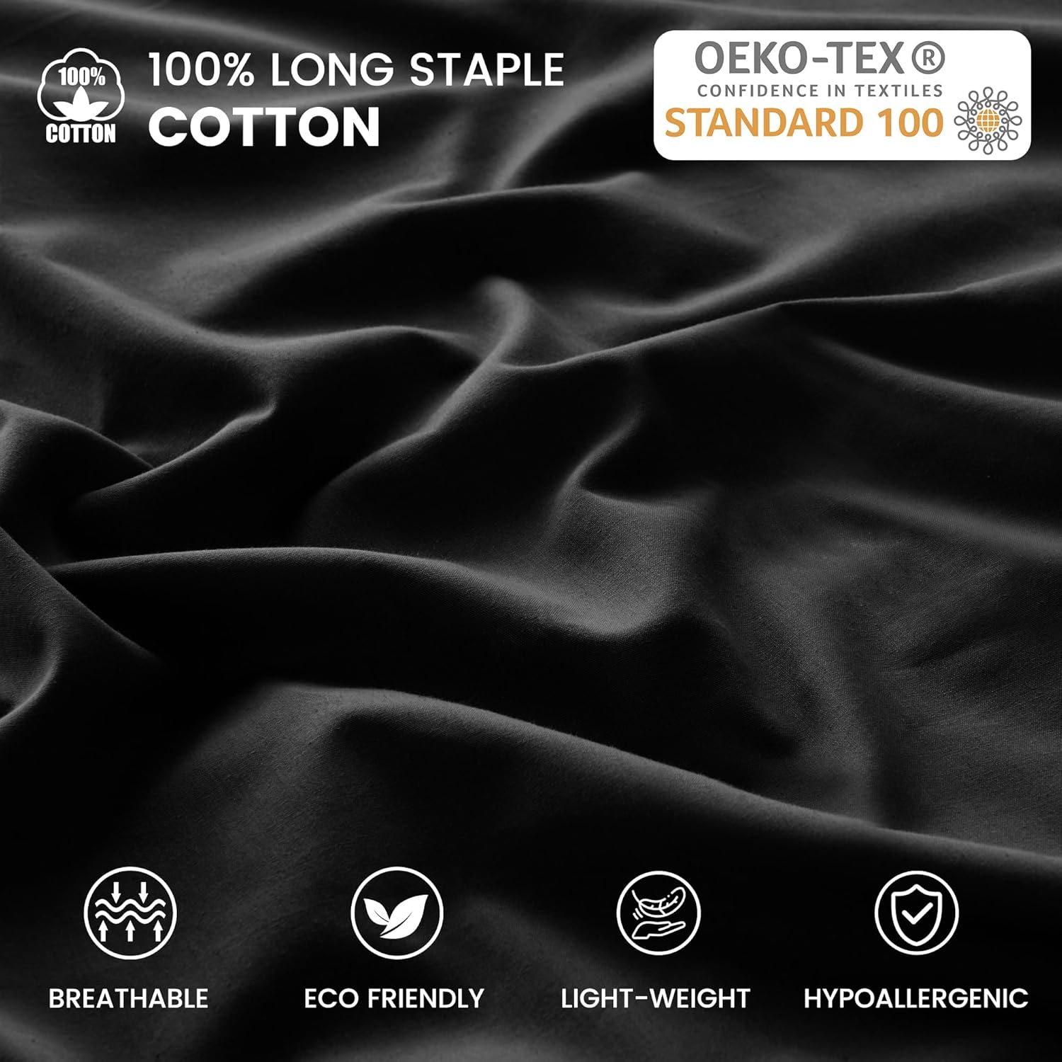 LINENOVA 100% Luxury Cotton Standard Pillowcases(Set of 2),Super Soft and Breathable Envelope Closure Pillow Cases - 48x74cm -Black