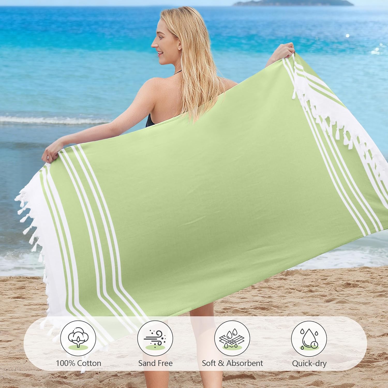 LINENOVA 100% Cotton Turkish Beach Towel 180×100cm, Oversized Absorbent Towels, Sand-Free, Quick Dry & Lightweight Pool Towel for Swimming, Travel, Holiday – Lime