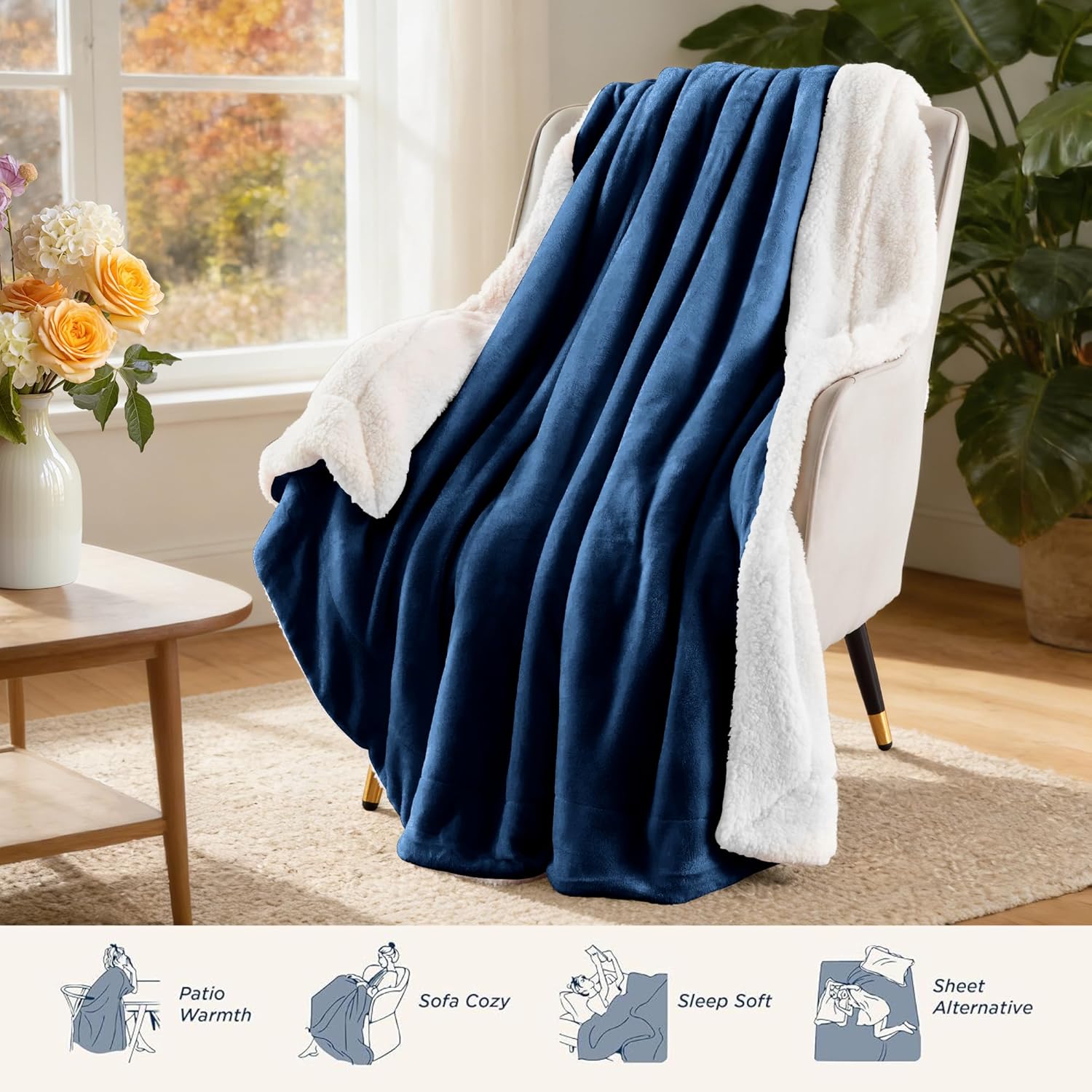 LINENOVA Sherpa Fleece Throw Blanket 127 x 152 cm, Thick & Warm Cozy Blanket for Winter, Soft Fuzzy Plush Throw for Sofa, Bed, Pets - Navy