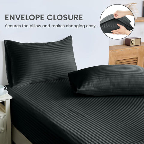 LINENOVA Luxury Stripe Bed Sheet Set Queen – 4 Piece Hotel-Quality 2000TC Ultra-Soft Microfibre – 40cm Deep Fitted Sheet, Flat Sheet & Pillowcase – Black