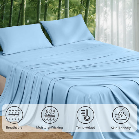 LINENOVA Bamboo Sheets Set Double Size,100% Cooling Bamboo Sheet Set for Hot Sleepers, Moisture Wicking Bed Sheets with 40cm Deep Pocket, Silky Soft Bedding Sheets (Double, Delicate Blue)