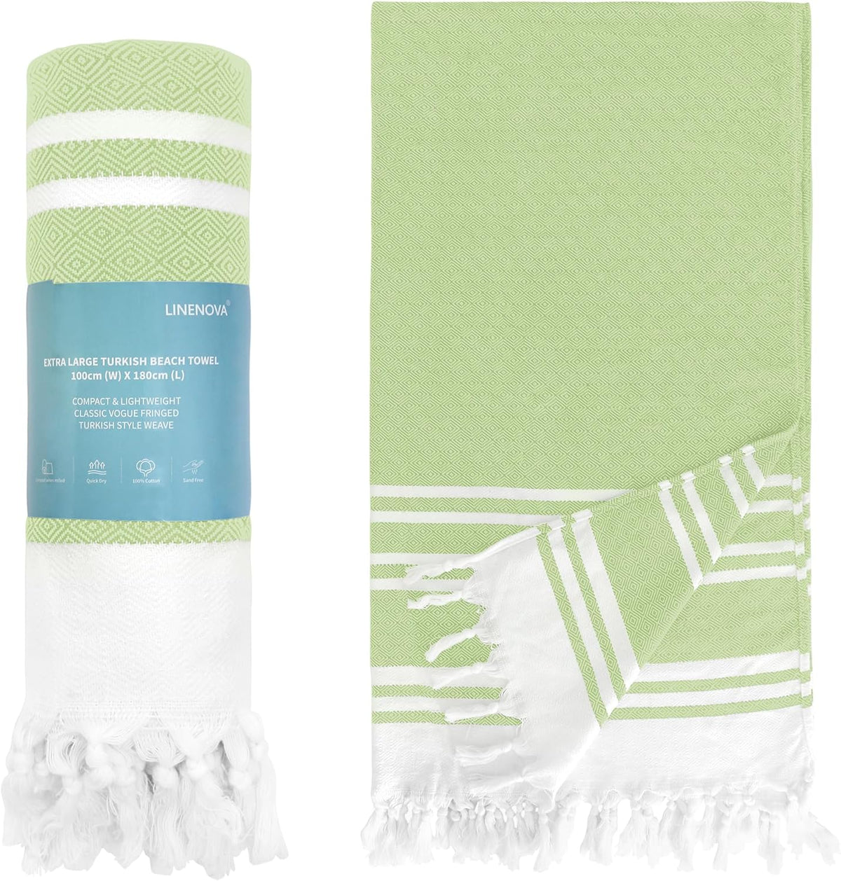 LINENOVA 100% Cotton Turkish Beach Towel 180×100cm, Oversized Absorbent Towels, Sand-Free, Quick Dry & Lightweight Pool Towel for Swimming, Travel, Holiday – Lime