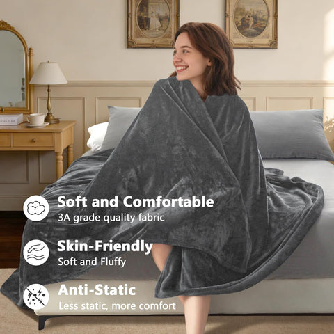 LINENOVA Fleece Throw Blanket 127x152cm Charcoal, Soft Flannel Microfiber Plush Blanket, Lightweight Cozy Couch Blanket for Sofa Bed Travel All Seasons