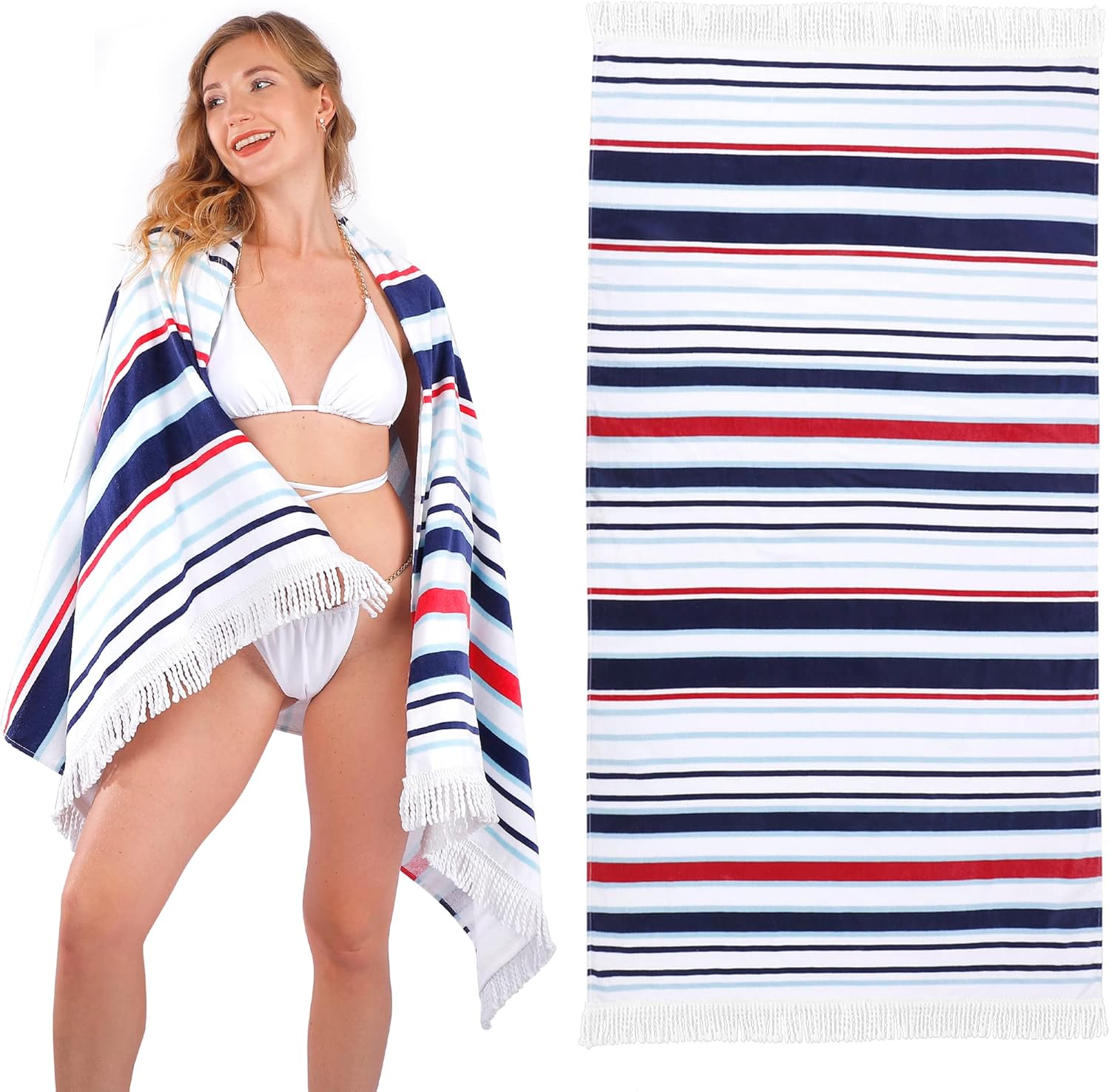 LINENOVA 100% Cotton Beach Towel -86x163cm Sand Free Beach Blanket Soft and Absorbent Towels for Swimming, Sports, Beach, Gym, Travel ((Nautical Stripe