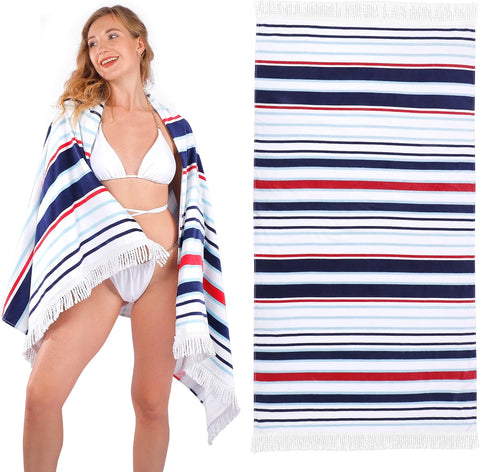 LINENOVA 100% Cotton Beach Towel -86x163cm Sand Free Beach Blanket Soft and Absorbent Towels for Swimming, Sports, Beach, Gym, Travel ((Nautical Stripe