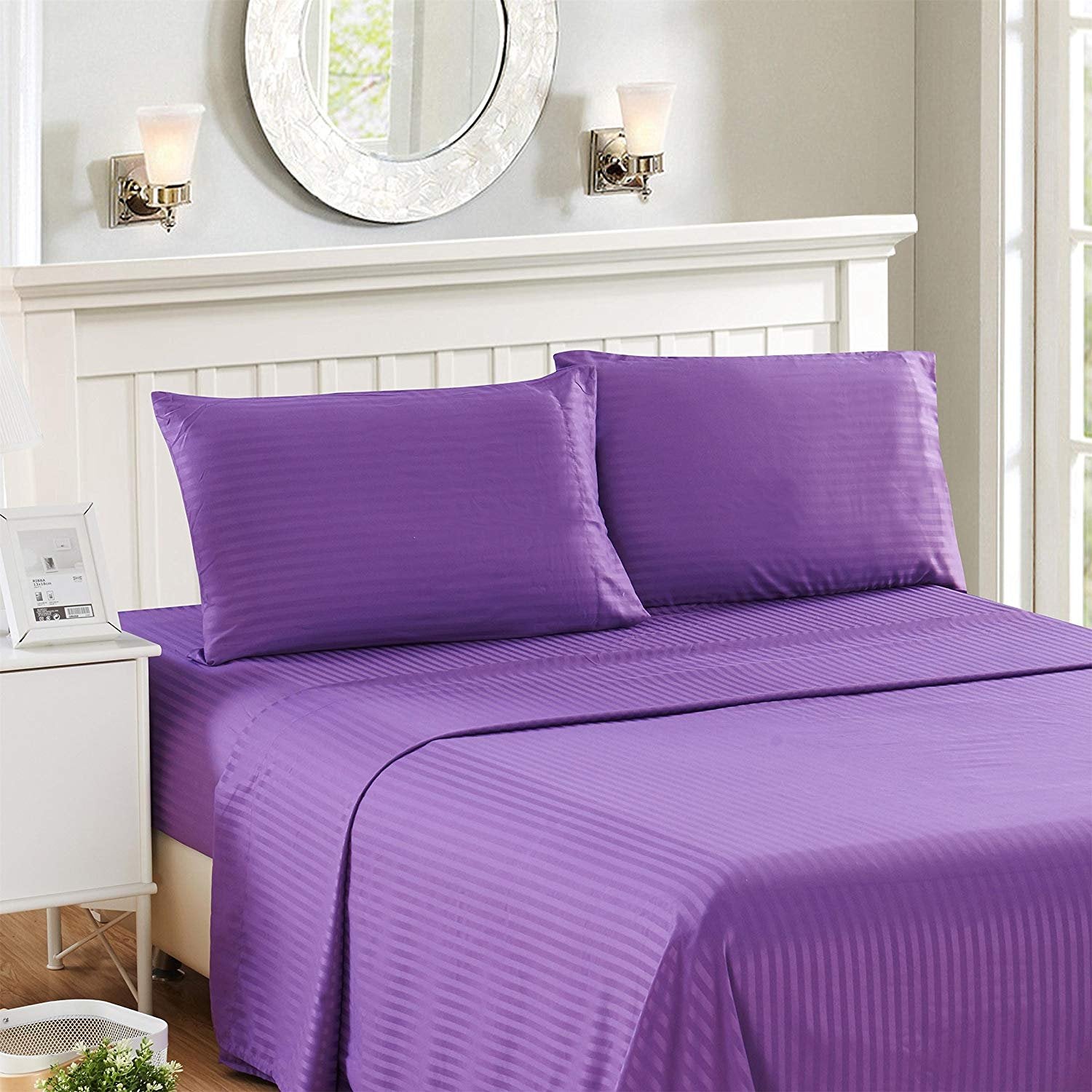 4 Pcs Sheet Set 100% Egyptian Cotton Stripe Pattern 300 TC 11-15 Inch Deep Pocket Size (Full XL Color Burgundy)