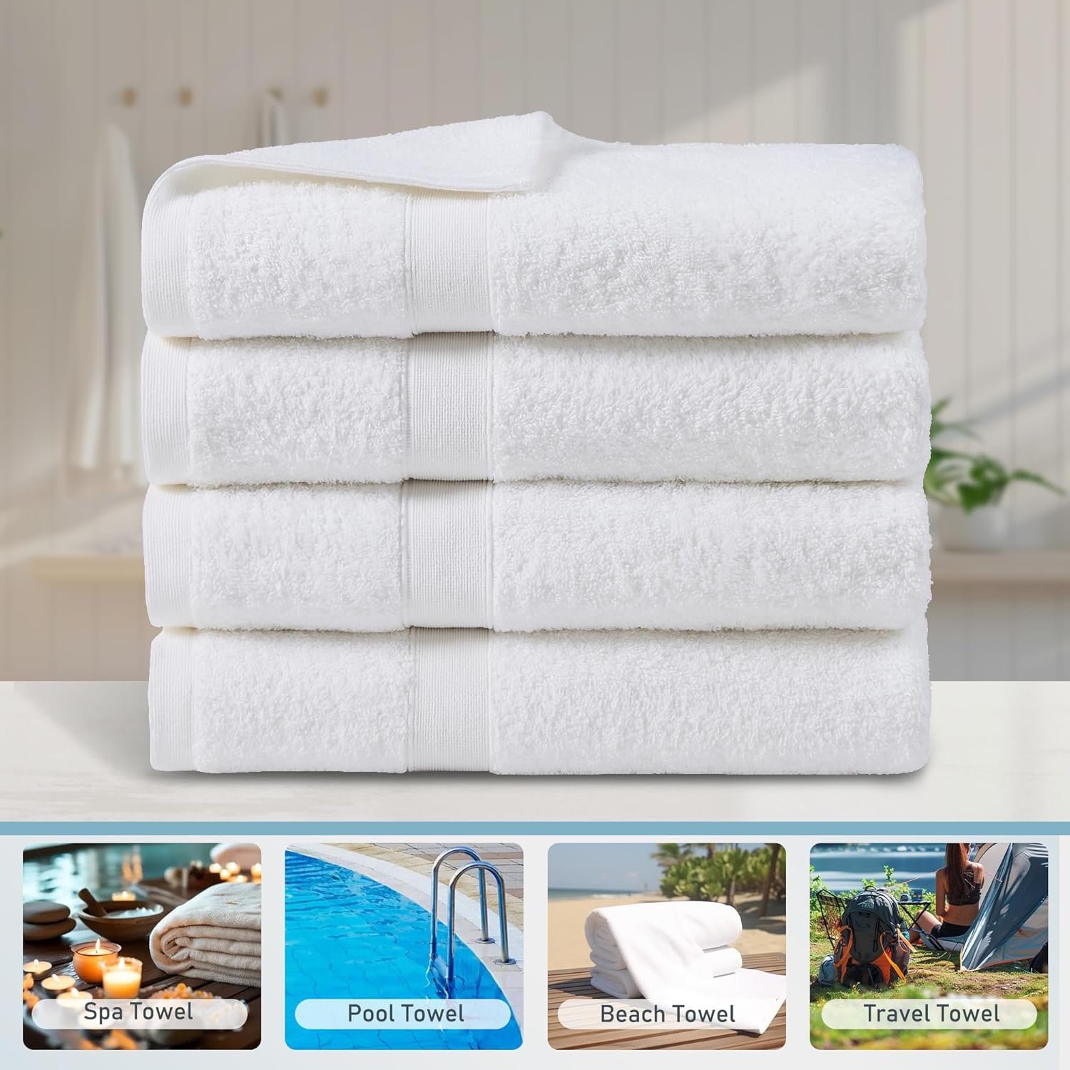 LINENOVA 4 Pack Bath Towel Set 68x137cm, 100% Combed Cotton Towels for Bathroom, 650GSM Ultra Soft & Highly Absorbent Bathroom Shower Towels for Gym, Hotel & Spa - White
