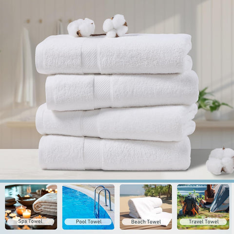 LINENOVA 4 Pack Bath Towels Set 68x132cm, 100% Combed Cotton Premium Towels for Bathroom, 550GSM Softness Quick Dry and Absorbent Adult Towels for Daily Use, White