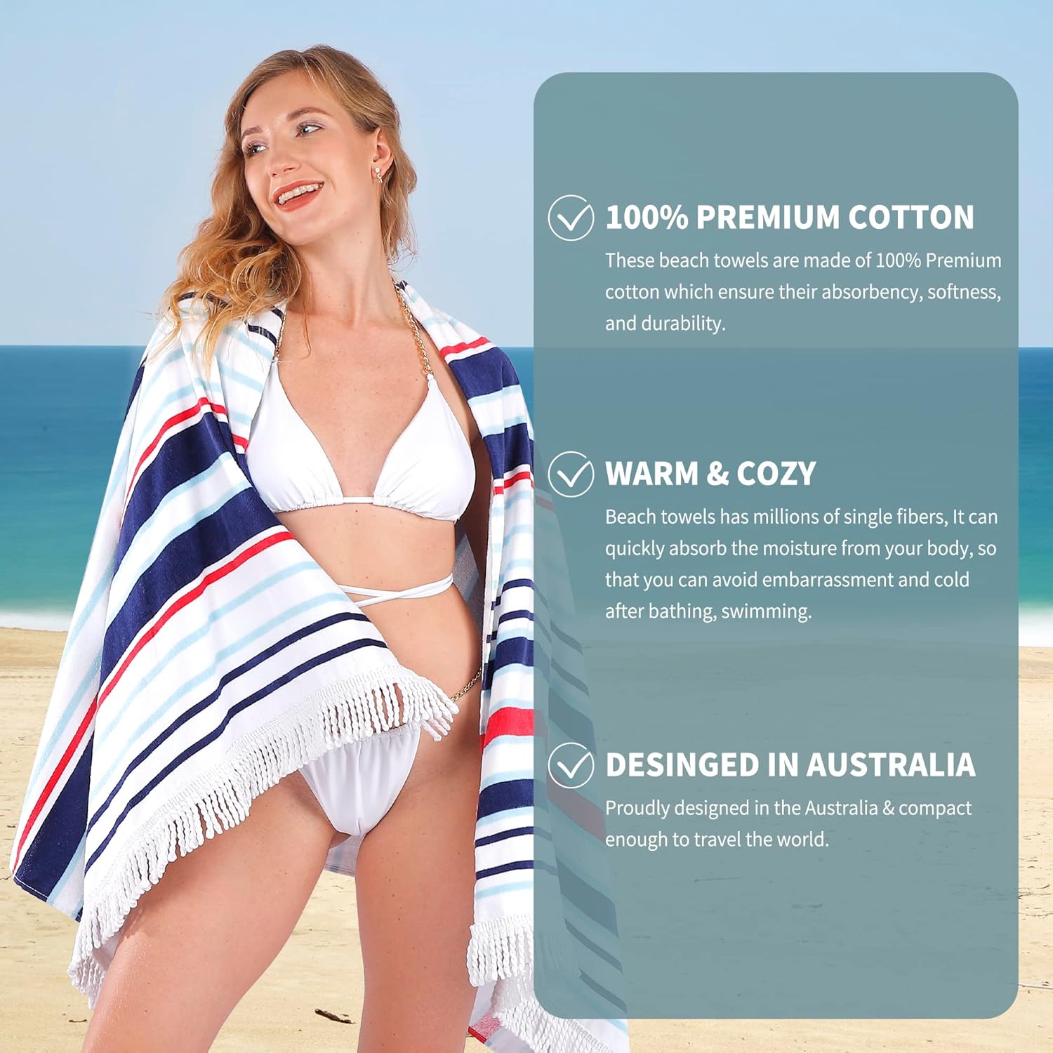 LINENOVA 100% Cotton Beach Towel -86x163cm Sand Free Beach Blanket Soft and Absorbent Towels for Swimming, Sports, Beach, Gym, Travel ((Nautical Stripe