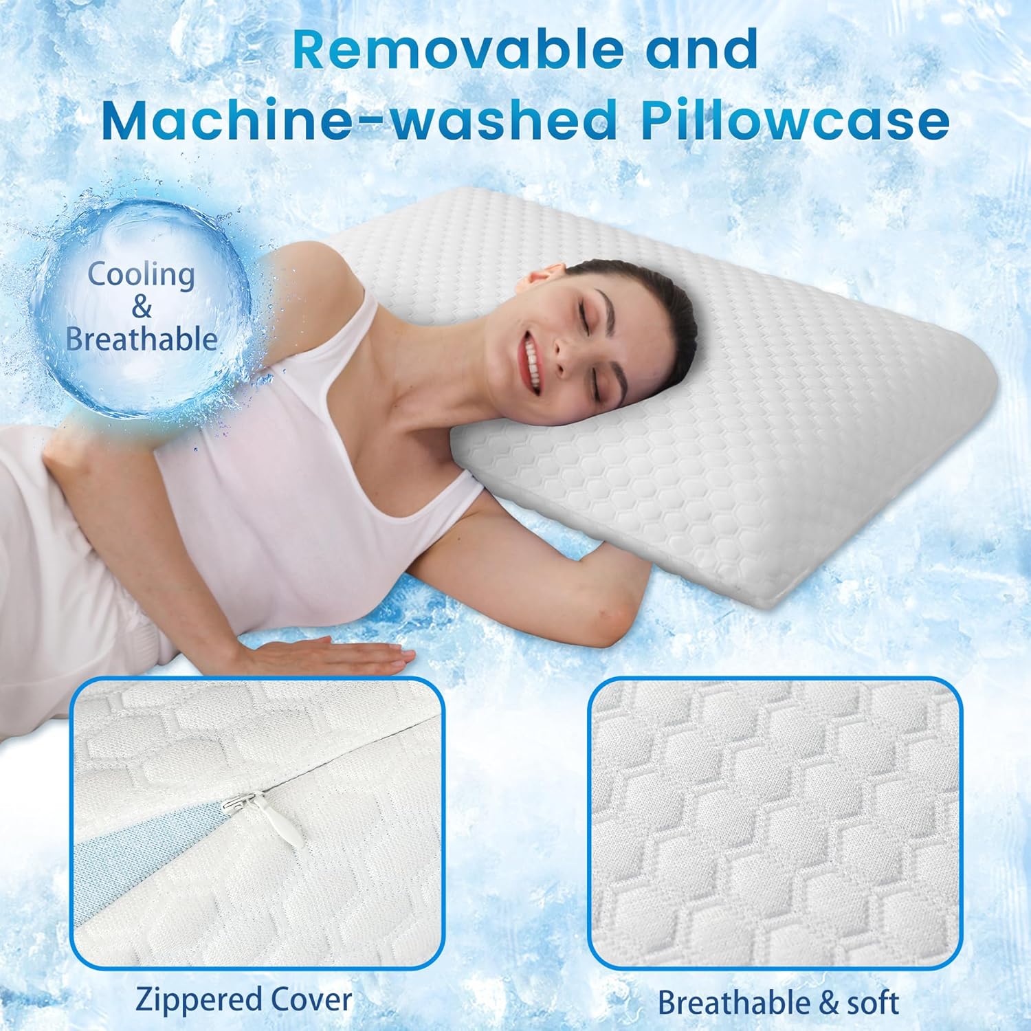LINENOVA Cooling Gel Memory Foam Pillow -Neck Support Pillow-Cooling & Ventilated- Washable Cover and Breathable Bed Pillow for All Seasons- Standard Size(White, 1 Pack)