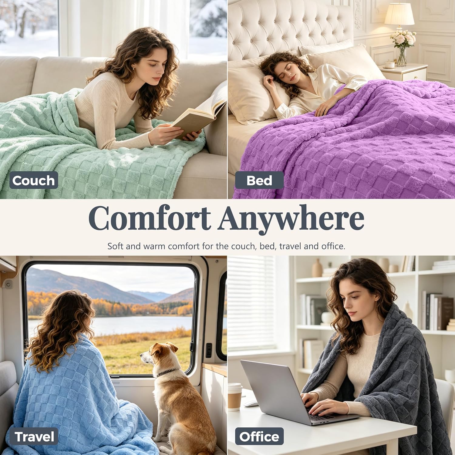 LINENOVA Fleece Throw Blanket Queen Size, 300GSM Checkered Coral Fleece Blanket for Couch or Bed, Soft Lightweight Warm Blankets for All Seasons, Charcoal, 220 x 240 cm
