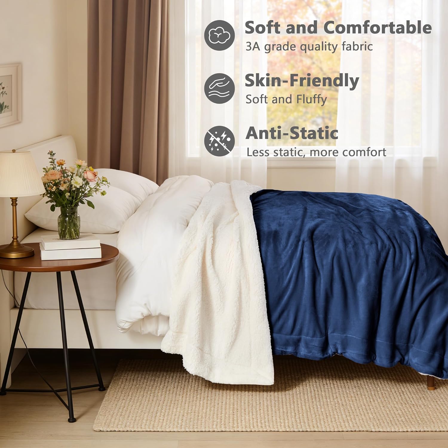 LINENOVA Sherpa Fleece Throw Blanket 127 x 152 cm, Thick & Warm Cozy Blanket for Winter, Soft Fuzzy Plush Throw for Sofa, Bed, Pets - Navy