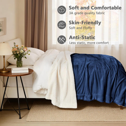 LINENOVA Sherpa Fleece Throw Blanket 127 x 152 cm, Thick & Warm Cozy Blanket for Winter, Soft Fuzzy Plush Throw for Sofa, Bed, Pets - Navy