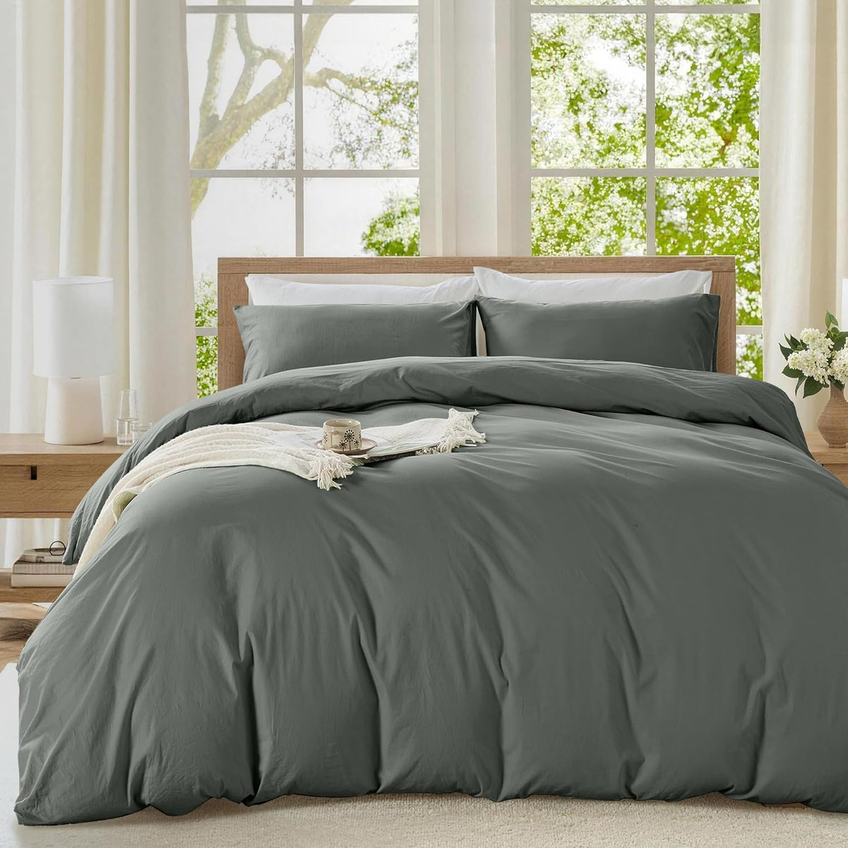 LINENOVA Vintage Stone Washed 100% Cotton Quilt Cover Set Queen Size, 3 Piece Doona Duvet Cover with Pillowcases, Naturally Soft & Breathable All Season Bedding - Charcoal