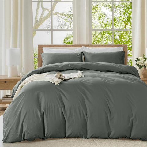LINENOVA Vintage Stone Washed 100% Cotton Quilt Cover Set Queen Size, 3 Piece Doona Duvet Cover with Pillowcases, Naturally Soft & Breathable All Season Bedding - Charcoal