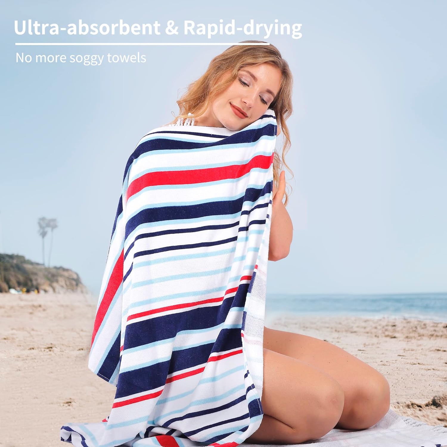 LINENOVA 100% Cotton Beach Towel -86x163cm Sand Free Beach Blanket Soft and Absorbent Towels for Swimming, Sports, Beach, Gym, Travel ((Nautical Stripe