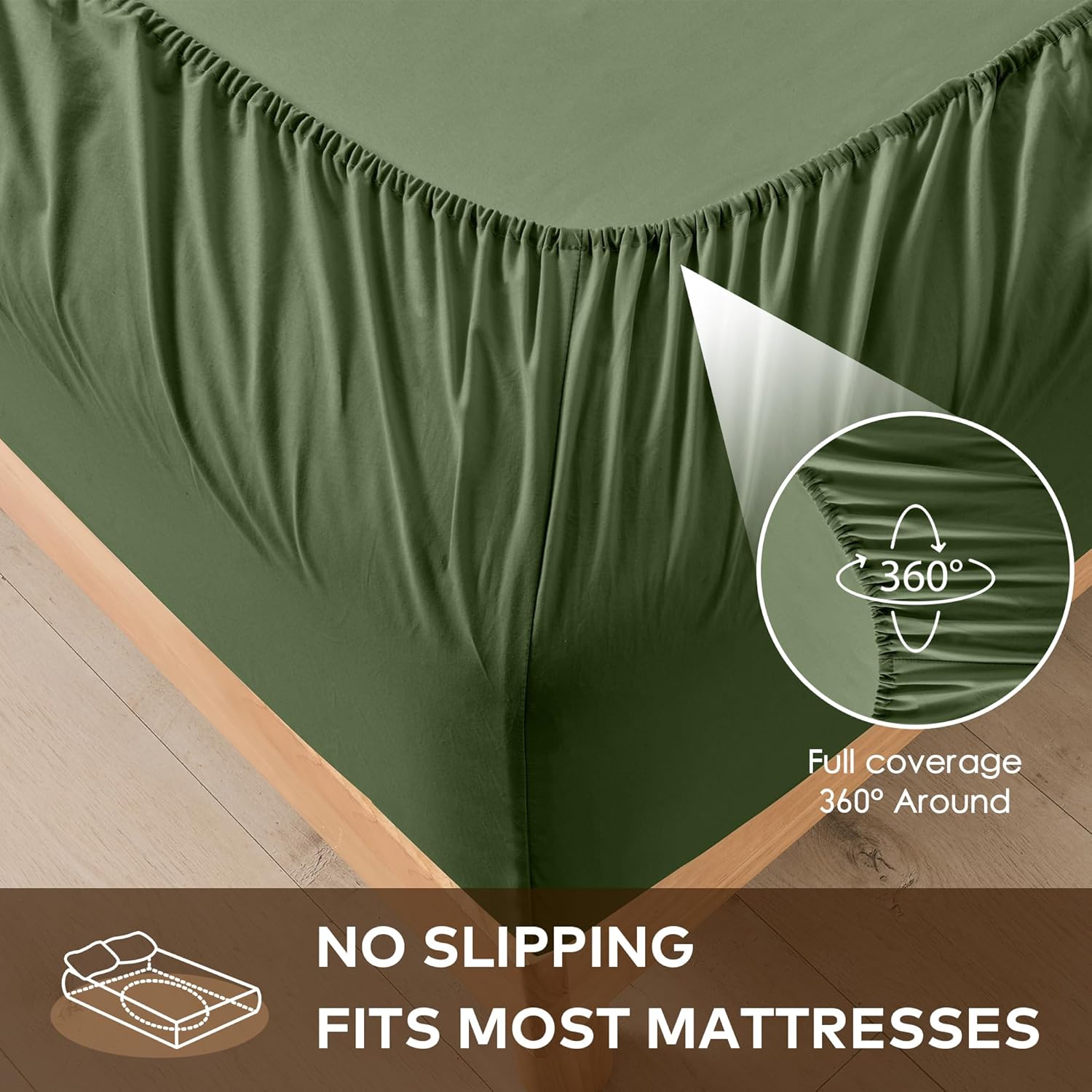 LINENOVA Queen Fitted Sheet – 100% Vintage Washed Cotton - Naturally Soft & Breathable, 40cm Deep Pocket – Khaki Green, 1 Piece