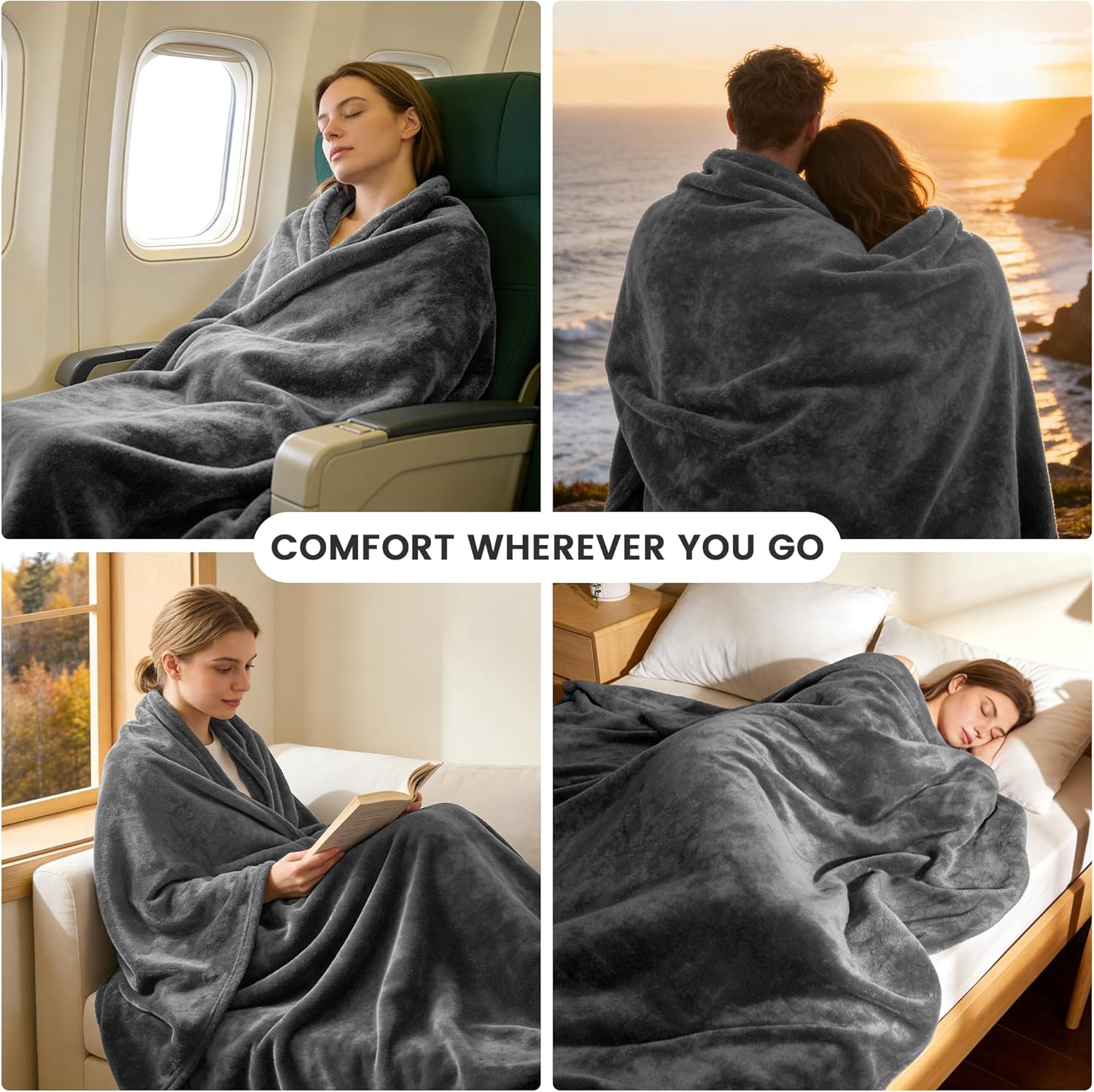 LINENOVA Fleece Throw Blanket 127x152cm Charcoal, Soft Flannel Microfiber Plush Blanket, Lightweight Cozy Couch Blanket for Sofa Bed Travel All Seasons