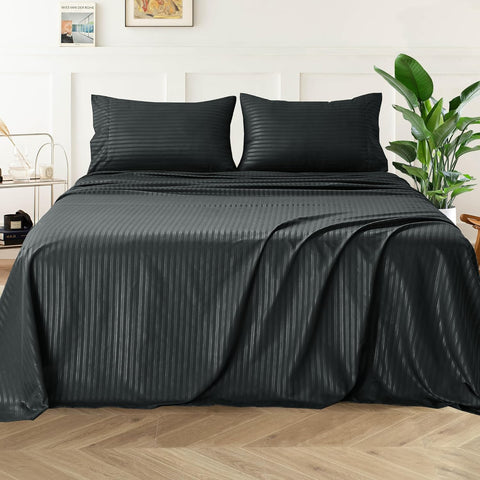LINENOVA Luxury Stripe Bed Sheet Set Queen – 4 Piece Hotel-Quality 2000TC Ultra-Soft Microfibre – 40cm Deep Fitted Sheet, Flat Sheet & Pillowcase – Black
