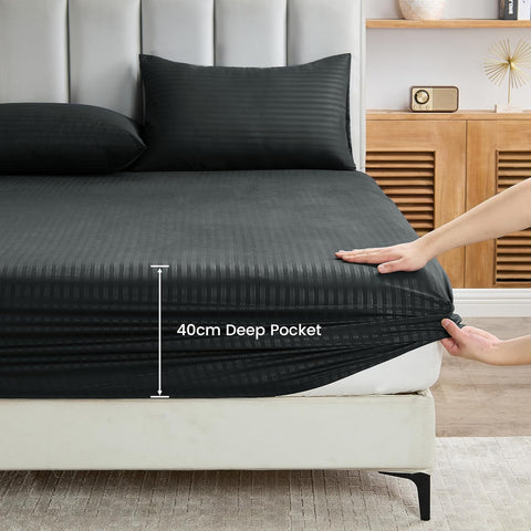 LINENOVA Luxury Stripe Bed Sheet Set Queen – 4 Piece Hotel-Quality 2000TC Ultra-Soft Microfibre – 40cm Deep Fitted Sheet, Flat Sheet & Pillowcase – Black