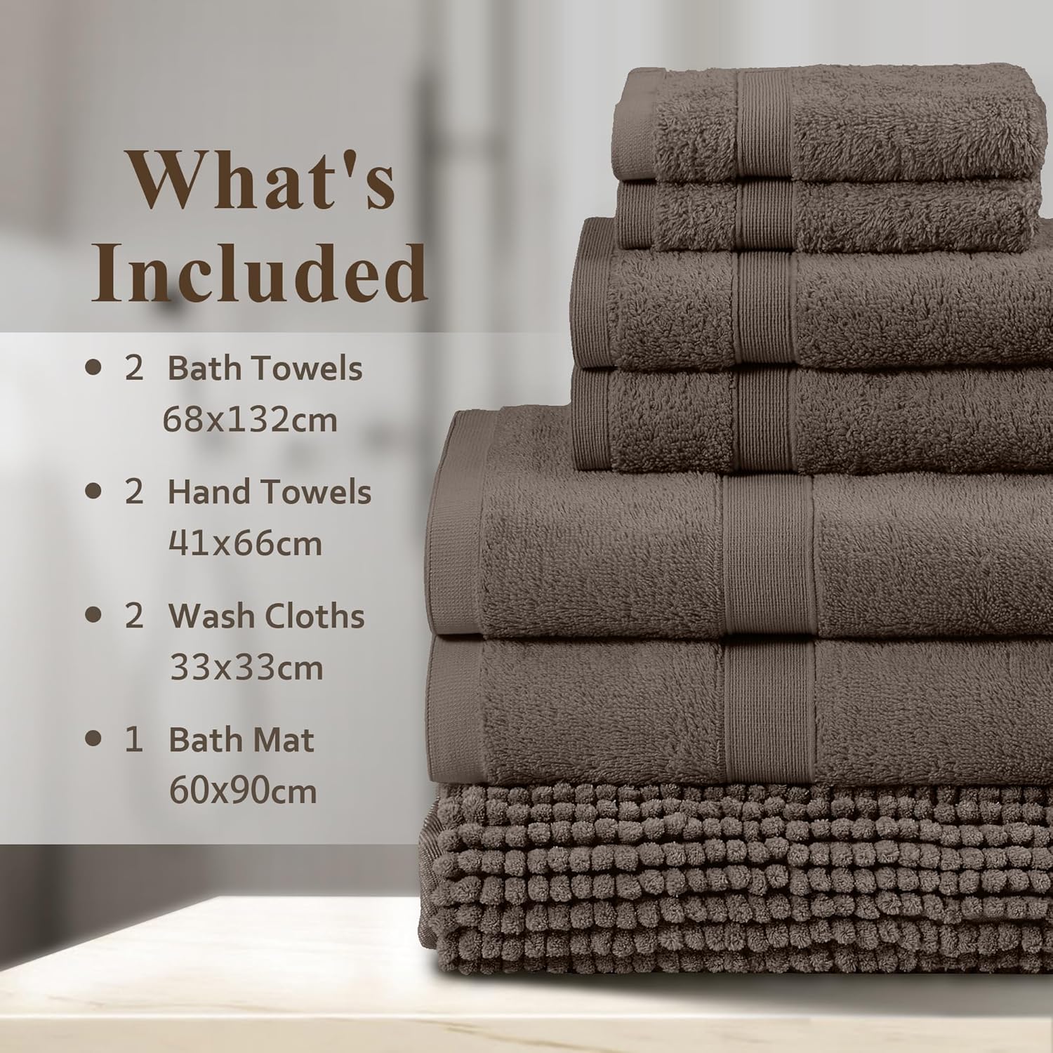 LINENOVA 7-Piece Bath Towel & Chenille Bath Mat Set – 100% Combed Cotton, 550GSM Soft, Absorbent & Quick-Dry Towels and Rugs for Daily Bathroom Use – Chocolate Brown