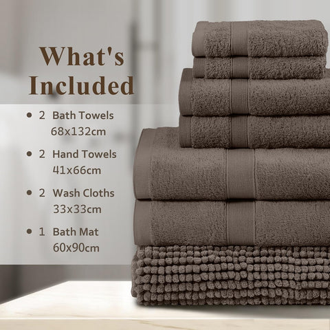 LINENOVA 7-Piece Bath Towel & Chenille Bath Mat Set – 100% Combed Cotton, 550GSM Soft, Absorbent & Quick-Dry Towels and Rugs for Daily Bathroom Use – Chocolate Brown
