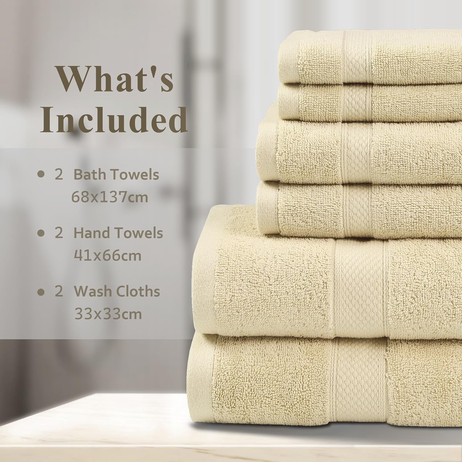 LINENOVA 100% Combed Cotton 650GSM Bath Towel Set of 6 - Includes 2 Bath Towels, 2 Hand Towels, 2 Face Washers, Super Soft Highly Absorbent Towels for Bathroom, Gym, Hotel - Linen