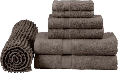 LINENOVA 7-Piece Bath Towel & Chenille Bath Mat Set – 100% Combed Cotton, 550GSM Soft, Absorbent & Quick-Dry Towels and Rugs for Daily Bathroom Use – Chocolate Brown