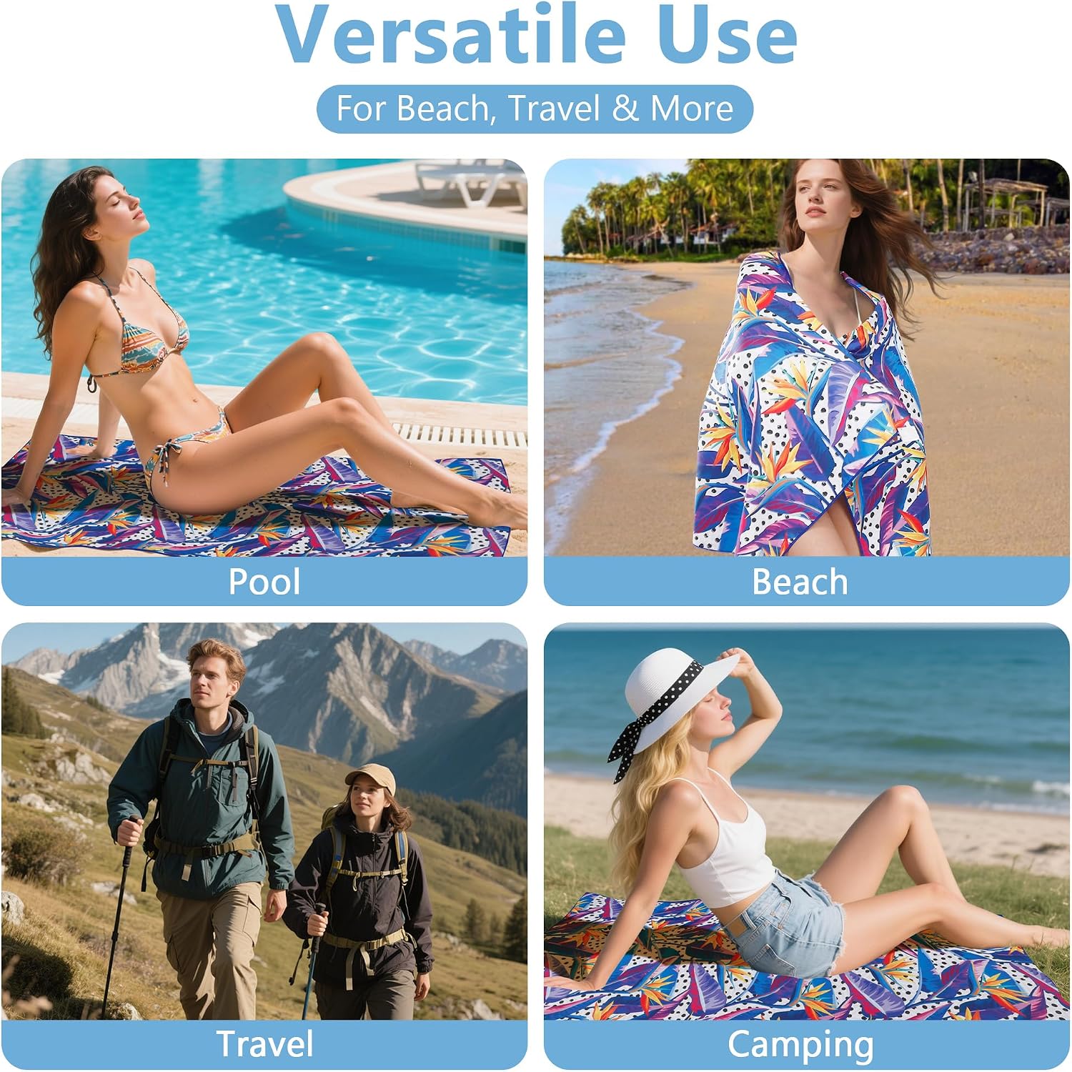 LINENOVA Microfiber Beach Towel 160x80cm, Dual-Sided Quick Dry Pool Towel with Pouch, Absorbent, Sand Free & Lightweight Compact Beach Blanket for Swimming, Yoga, Camping - Bird of Paradise