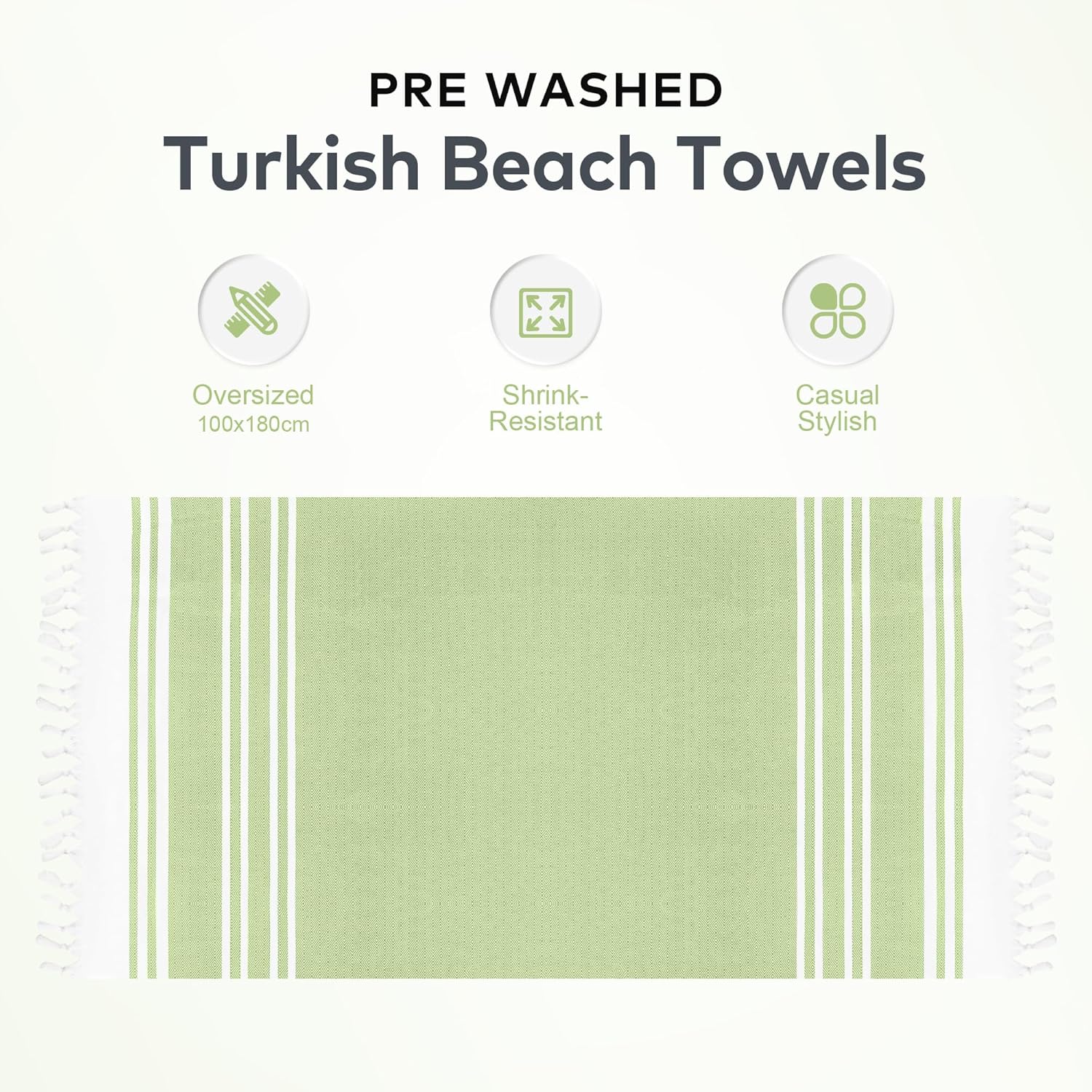 LINENOVA 100% Cotton Turkish Beach Towel 180×100cm, Oversized Absorbent Towels, Sand-Free, Quick Dry & Lightweight Pool Towel for Swimming, Travel, Holiday – Lime