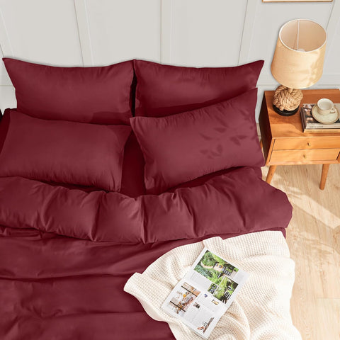 LINENOVA Quilt Cover Set Double Size - Brushed Microfiber 1200TC Super Soft Duvet Cover Set 3 Pieces with Button Closure, 1 Duvet Cover and 2 Pillowcases(Double Size, Burgundy)