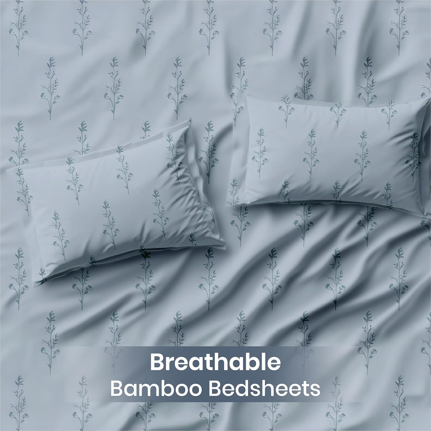 LINENCART Bamboo King Size Bedsheet with 2 Pillow Covers | 100x106 in | 300 TC Floral Printed Bedsheet for Double Bed King Size | Ultra Soft & Anti-Microbial King Size Bed Sheet | Pack of 1, Aqua Blue