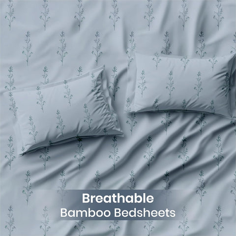 LINENCART Bamboo King Size Bedsheet with 2 Pillow Covers | 100x106 in | 300 TC Floral Printed Bedsheet for Double Bed King Size | Ultra Soft & Anti-Microbial King Size Bed Sheet | Pack of 1, Aqua Blue