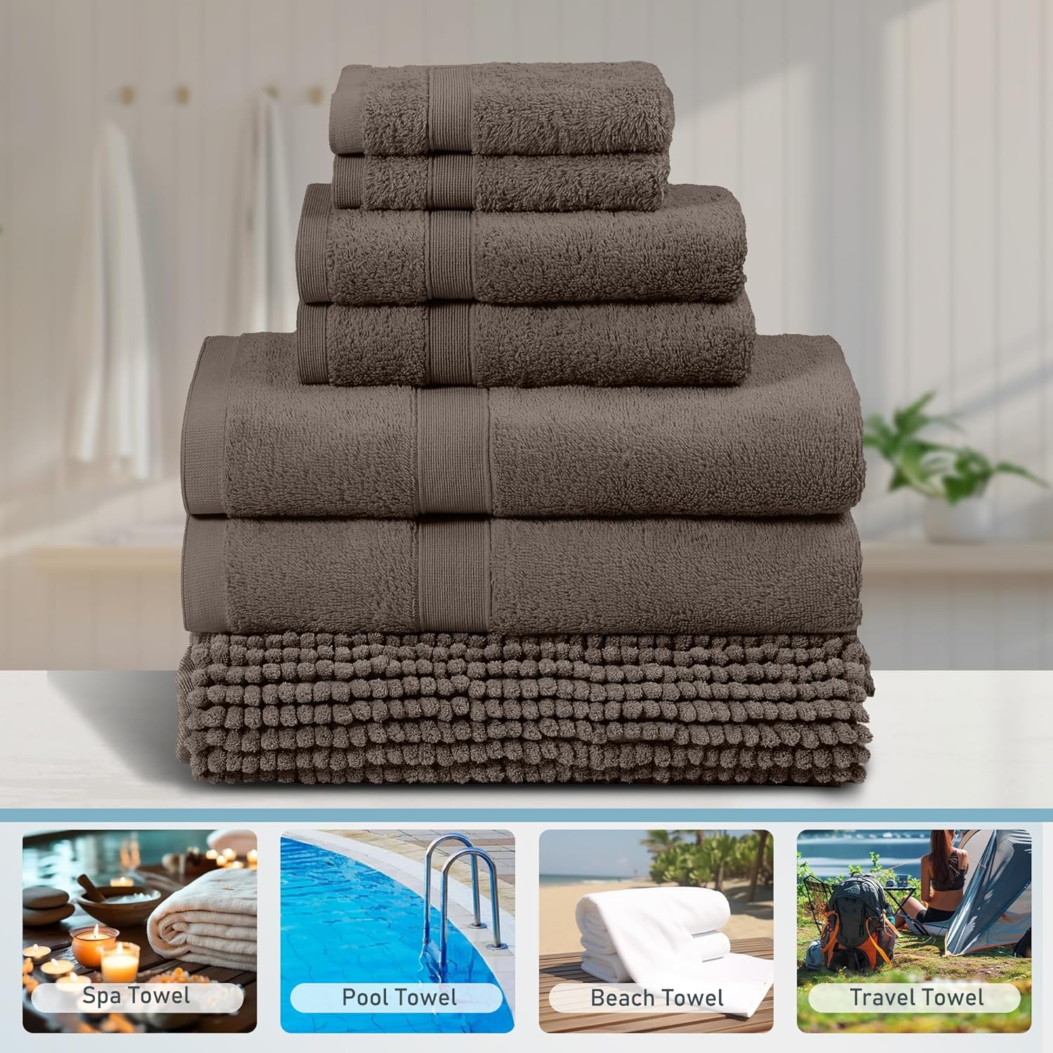 LINENOVA 7-Piece Bath Towel & Chenille Bath Mat Set – 100% Combed Cotton, 550GSM Soft, Absorbent & Quick-Dry Towels and Rugs for Daily Bathroom Use – Chocolate Brown