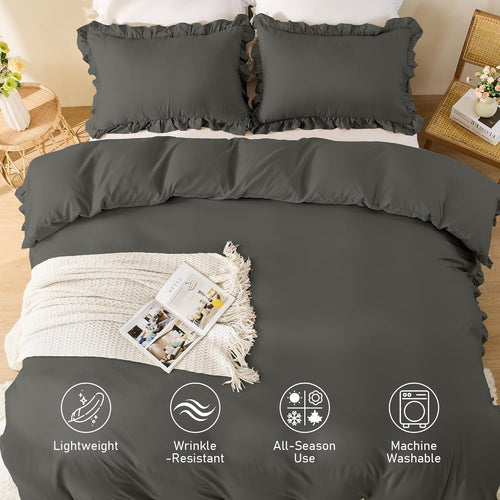 LINENCART Ruffle Quilt Cover Set Single – Ultra Soft 2000TC Microfibre Duvet Doona Cover with Corner Ties & Button Closure – 2-Piece Bedding Set with Pillowcase - Dark Grey