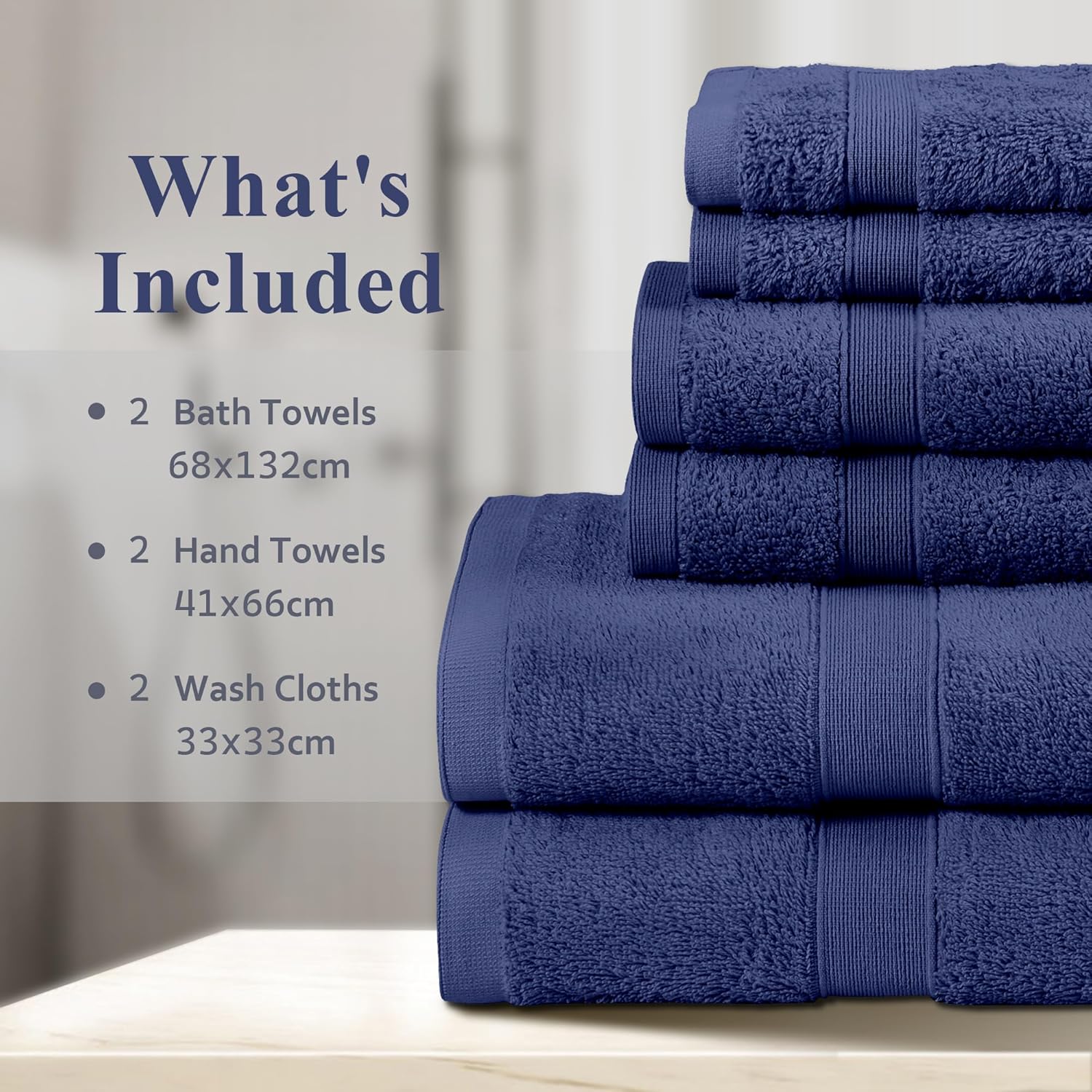 LINENOVA 6 Piece Towel Set with 2 Bath Towels,2 Hand Towels, and 2 Washcloths, 100% Combed Cotton Ultra Soft Highly Absorbent 550GSM Bath Towel Set for Bathroom, Gym, Yoga (Navy)